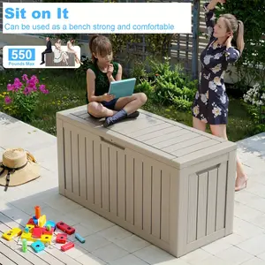 80 Gallon Resin Deck Box, Weather-Resistant Resin Lockable For Organizing And Storing Patio Furniture And Outdoor Items, Also As A Comfortable Outdoor Bench.