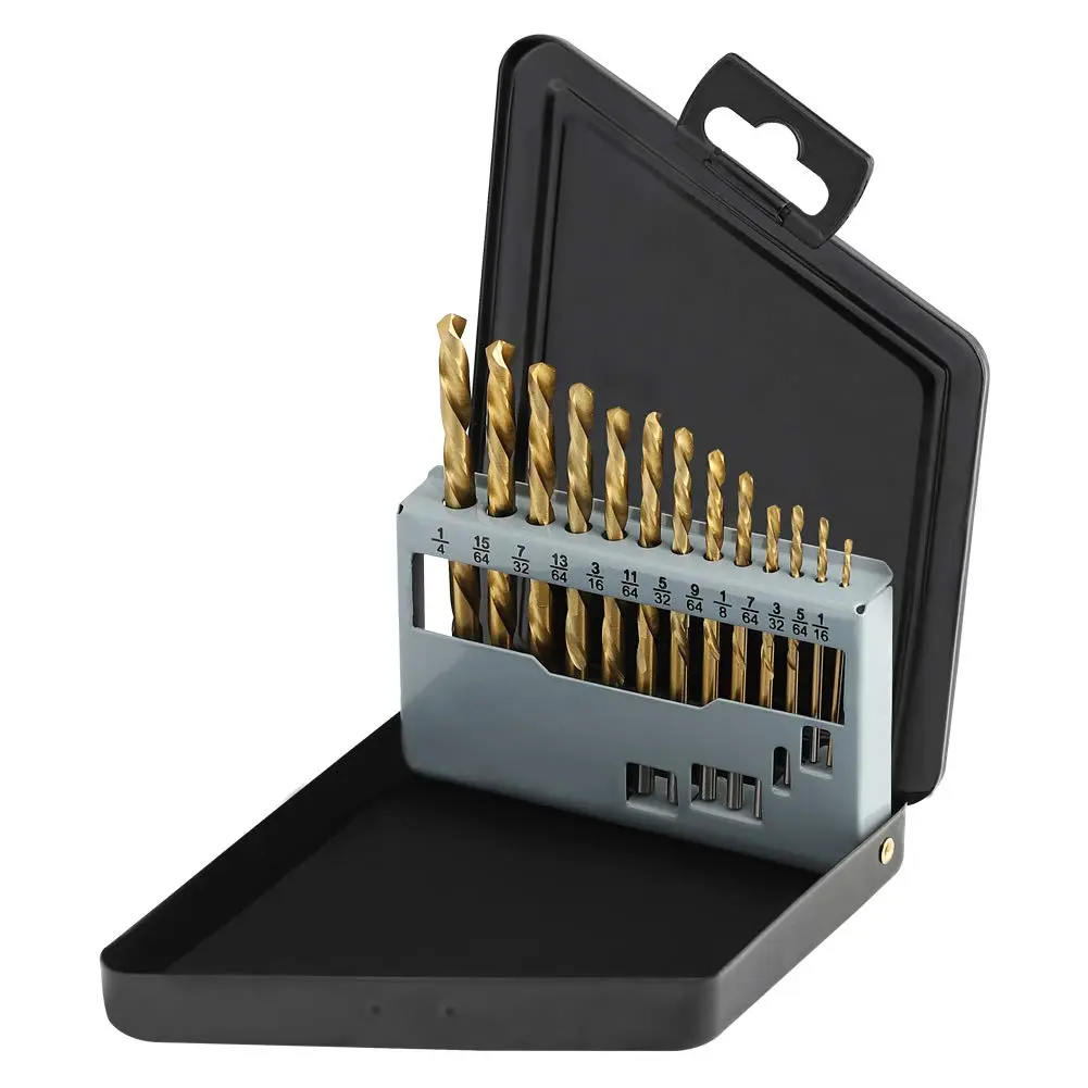 Left Hand Power Drill Bit Set, 13-Count M2 Steel Metal Bits with Titanium Coat, SAE Sizes (1/16"-1/4")