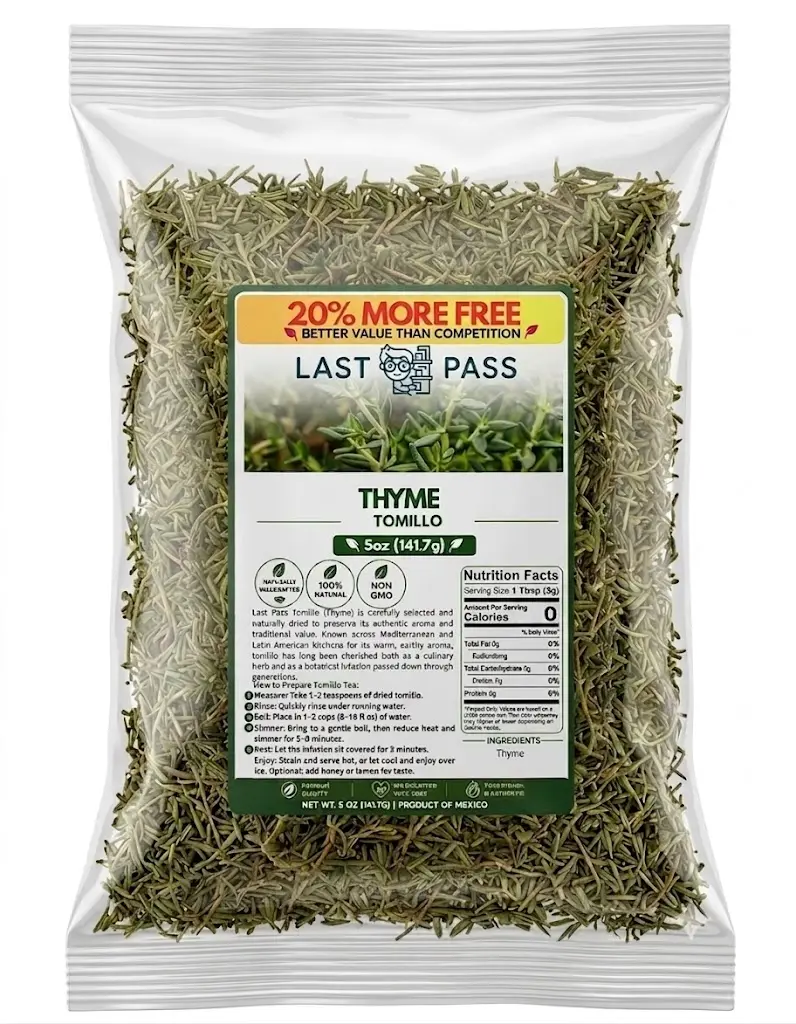 LAST PASS Natural Dried Thyme Herbal Tea - 4oz Sugar-Free Botanical Extract Beverage, Non-Caffeinated, 0-Calorie, Easy-to-Use Ready-to-Mix Packets