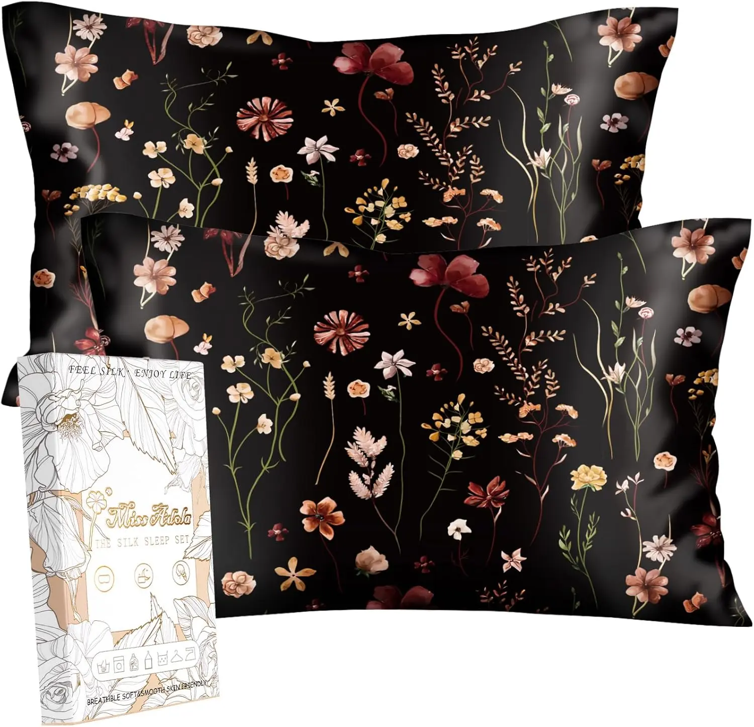 Women's 2-Pack (2 Piece Set) 19 Momme Mulberry Silk Pillowcases with Hidden Zipper - Standard 20x26in, Skin-Friendly, Hair & Skin Protection, Hand Wash Only, Nighttime Sleep Soft Bedding (BK Grow Flower Design), Two Piece Set