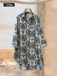Women's Vintage Floral Print Elegant Long Sleeve Long Shirt Blouse, Casual Fitted Woven Fabric, Moderate Thickness, All Seasons Wear, Stylish Women's Clothing