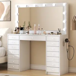15 Drawers Makeup Vanity with Charging Station, Vanity Desk with 12 LED Bulbs and HD Mirror, 3 Color Brightness Adjustable, Vanity Set for Bedroom, White