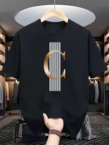 Gold Letter C Stripe T-Shirt Minimalist Luxury Graphic Tee Menswear Top Streetwear Casual Tropical Unisex Fit