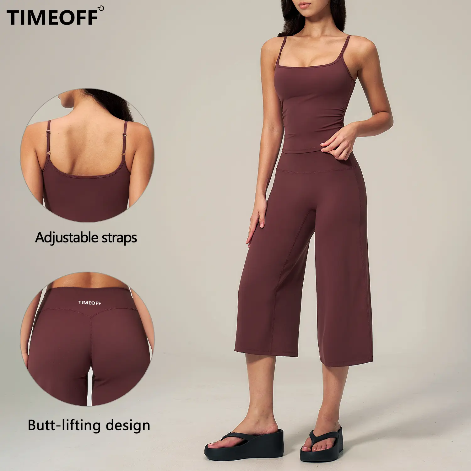TIMEOFF Women's 2-Piece Workout Matching Set, Square Neck Adjustable Strap Crop Cami & High Waist Butt Lifting Cropped Wide Leg Pants - Soft 4-Way Stretch Fabric, Custom Fit, Anti-Slip Waist for Yoga, Gym Training, Women's Clothes, Outfits, 2 Pcs Set, Mat