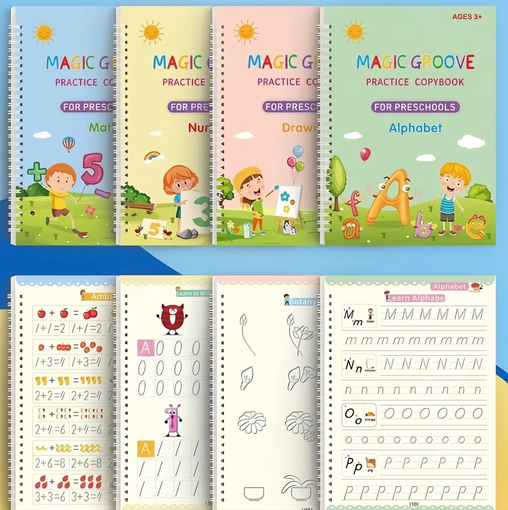 Magic Ink Handwriting Practice Books Set for Kids - 4 Reusable Grooved Letter Tracing Books with Cartoon Pen, Pen Holding Aid & 10 Refills Student Essentials, Study Kit, Teaching Supplies