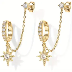 Double-Hole Star Chain Earrings  14K gold-plated, hypoallergenic, lightweight, and comfortable—the perfect gift for women Round Set aretes elegantes party dainty