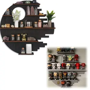 Wooden Crescent Wall Decoration 5-Tier Floating Shelf Black Wall-Mounted Mini Figurine Storage Display Shelf Small Statue Display Shelf Wall Bracket Suitable for Bedroom and Dormitory