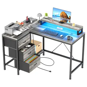 43 Inch Computer Desk, L Shaped Desk with Power Outlets and LED Lights, 3-Drawer Gaming Desk with Storage Shelves and Monitor Stand