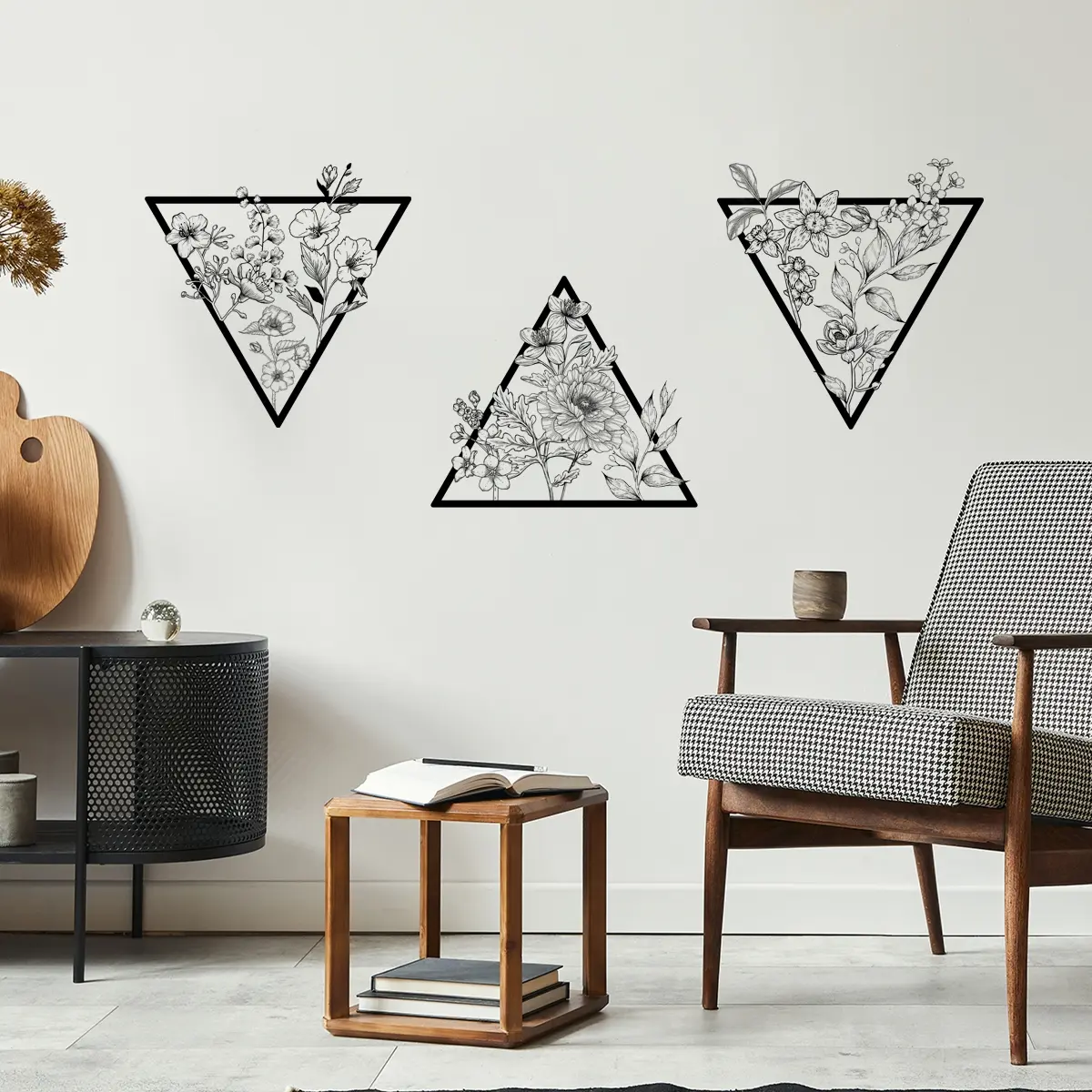 A set of three triangular frame flower black wall stickers for bedroom and living room background wall home decoration, Decorative wall sticker, self-adhesive M13557-KN