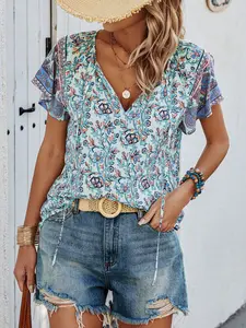 Boho Vacation Style Mint Plant Print V Neck Chiffon Top, Flutter Sleeve Design, Ethnic Patched Sleeves, Beachwear Atmosphere