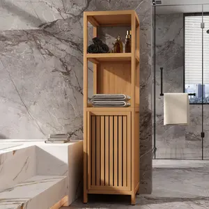 Bathroom Floor Cabinet Bamboo Tall Storage Organizer with 1 Cupboard and 2 Open Shelves 52” H Freestanding Linen Tower Cabinet for Living Room Kitchen Bathroom