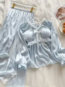 Women's Satin Pajama Set, Light Blue Long Sleeve Pjs with Lace Trim & Bow Detail, Soft Silky Sleepwear Loungewear 2-Piece Set