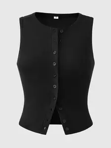 Women's Summer Fashion Sleeveless Vest, Casual Slim-Fitting Backless Button Design, Elegant Daily Wear for Home Office Outdoor City Style