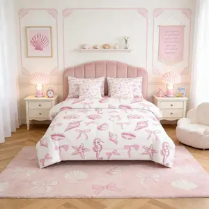 7 Pieces Pink Bowknot Comforter,Starfish Coral Shell Conch Bow Tie Bedding Set Seahorse Marine Animal Summer Ocean Dreamy（Comforter+Fitted+Flat Sheet+2 Pillowcases+2 Throw Pillow Covers）