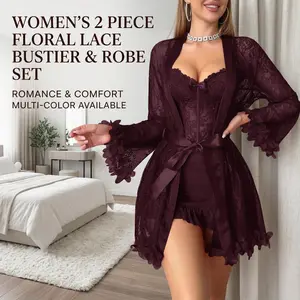 Women's 2 Piece Floral Lace Lingerie Set | Sexy Bustier Top with Sheer Robe, Satin Belt & Petal Trim, Elegant Sleepwear & Loungewear for Honeymoon & Valentine's Day