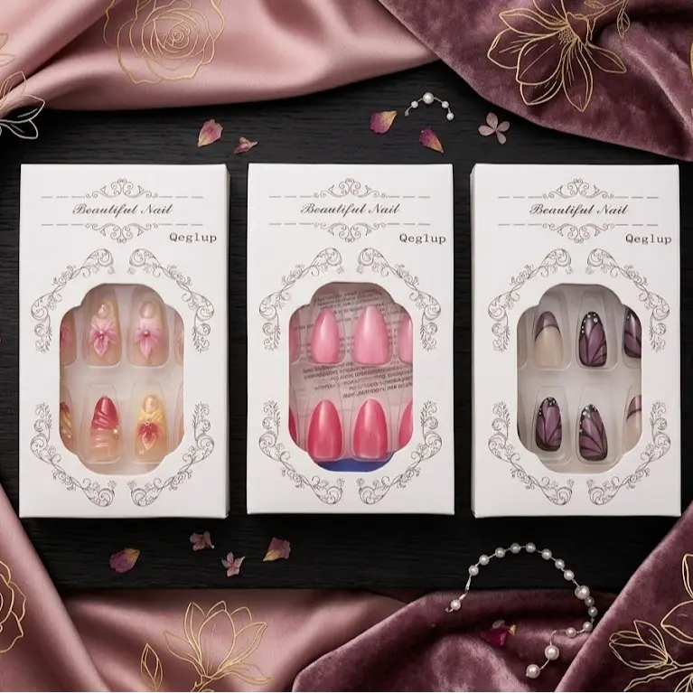 Qeglup 30Pcs Press-On Artificial Fingernails Set - Multiple Designs Elegant Short Almond Short Nails Kit for Beauty & Personal Care Nail Art