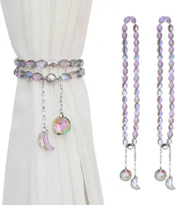 PEDOBO Magnetic Curtain Tiebacks, 2 Pack Crystal Beaded Sun & Moon Pendants Sheers/Draperies Holdbacks for Window Home Office Decor (Purple)