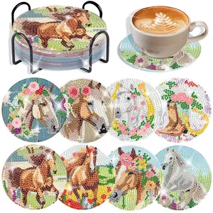 8-Piece DIY Diamond Painting Coaster Kit with Horse and Flowers (5D Diamond Art Kit), includes storage rack, cork mat, and tool bag. Suitable for adults.