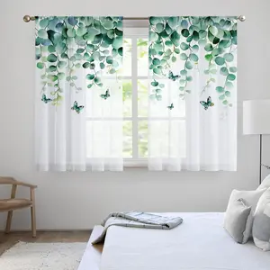 Leaf Print Curtain, 2 Counts/set Modern Simple Window Curtain, Short Curtain for Kitchen Bathroom Cafe Window, Home Decoration Curtain