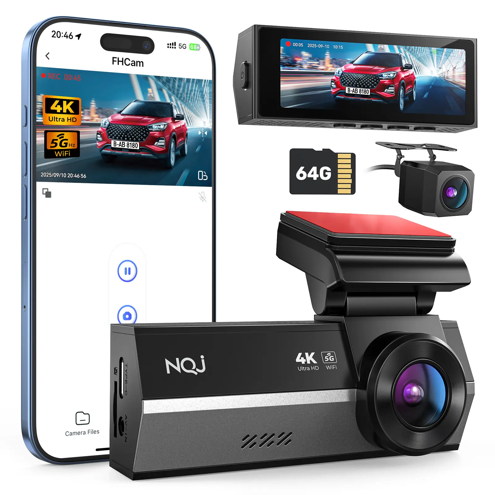 NQJ Dash Cam Front Rear 4K/2.5K Full HD with 64GB Card Built-in Wi-Fi GPS 3.2” IPS Screen Night Vision 170° Wide Angle 120° Rear WDR 24H Parking Mode F7NP