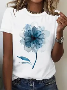 Women's Floral Print Round Neck Tee, Vintage Trendy Casual Summer Chic Vibe Short Sleeve T-shirt for Daily Wear, Ladies Summer, Top, Casual Fashion Top, Womenswear