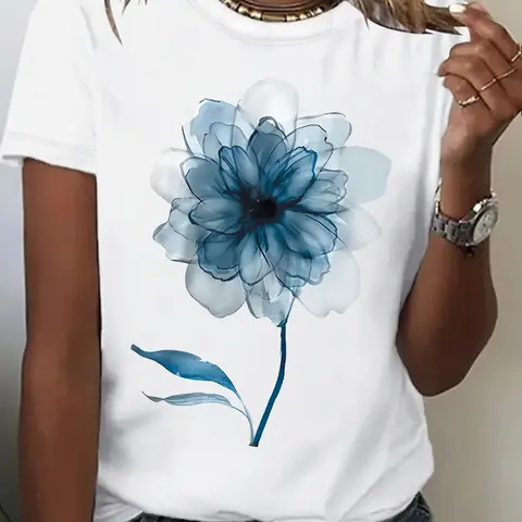 Women's Floral Print Round Neck Tee, Vintage Trendy Casual Short Sleeve T-shirt for Daily Wear, Ladies Summer, Top