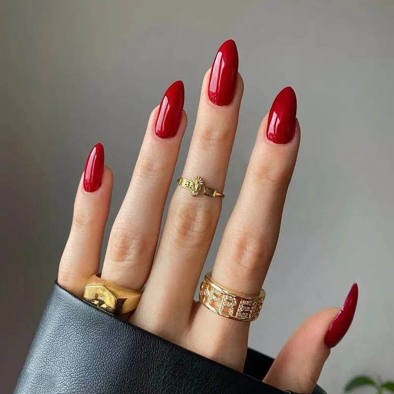 Classic Red Press on Nails Summer Medium Almond Fake Nails Solid Red Color False Nails Reusable Glossy Artificial Acrylic Nails Summer Nails for Women Girls Daily Wear Manicure 24pcs