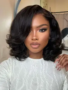 Glueless Bob Wigs Human Hair Pre plucked Pre Cut Natural Black Loose Body Wave short Wig 13x4 Lace Pre-Bleached Knots HD Lace Front Wigs Human Hair for Black Women -12inch