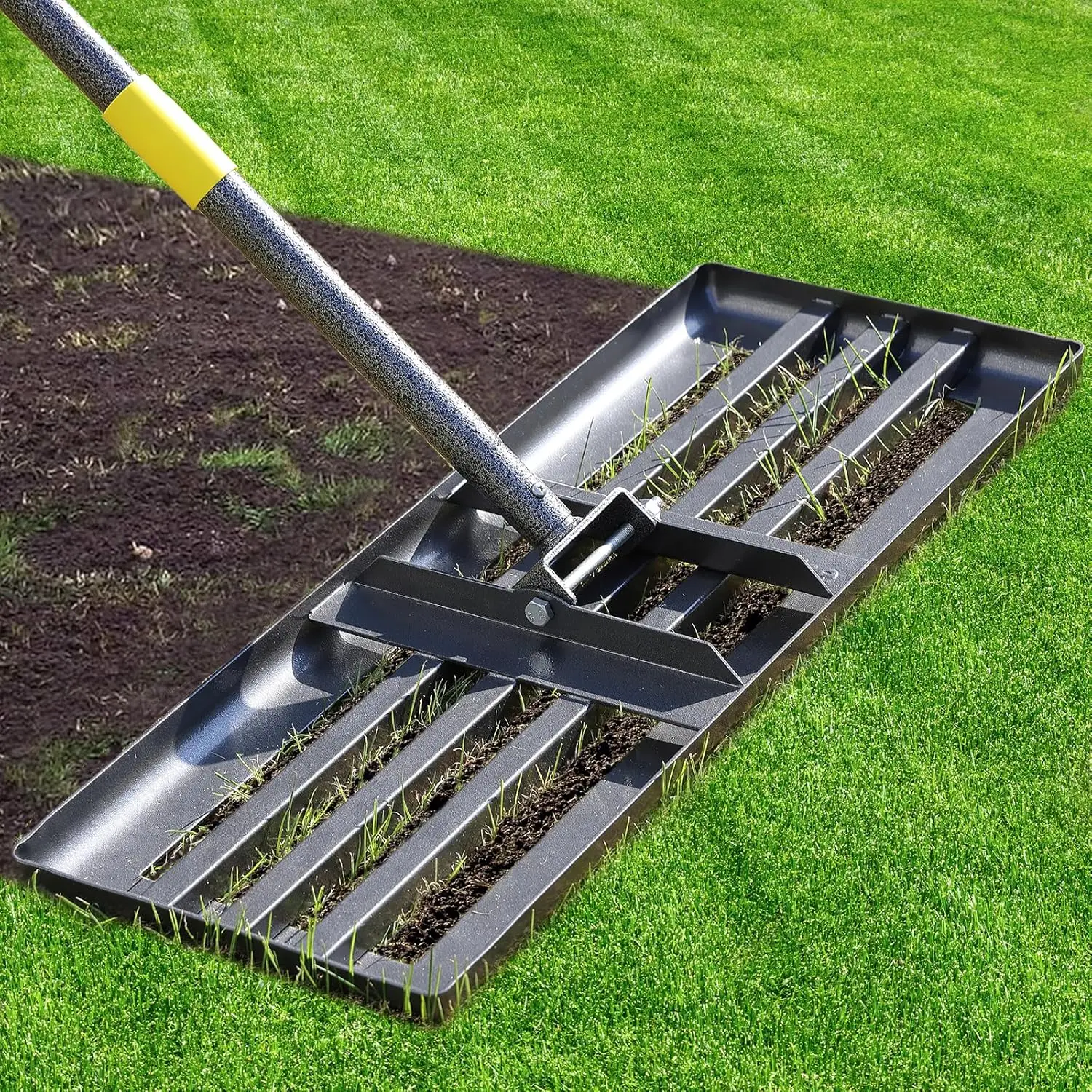 Lawn Leveling Rake - Heavy Duty 17"x10" /26"X10" Stainless Steel Leveler Plate,Reinforced Welds,Adjustable Handle, Anti -Flipping Smooth Round Edge,fo