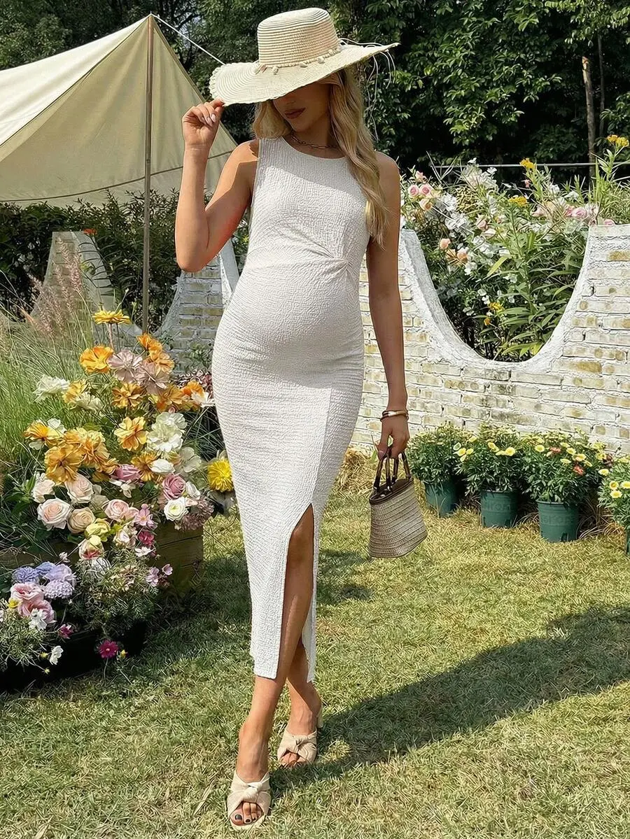 MAGICMOM Women's Elegant Baby Pink Summer Maternity Dress For Pregnant,Long Twist Knot Slit Casual Baby Shower Occasion Outfit,Zanea Dress For Woman