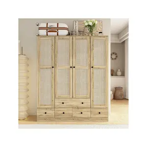 Armoires and Wardrobes 4 Door Wardrobe with Shelves and Drawers, Rattan Door Design, Armoire Wardrobe Closet with 2 Clothing Rods