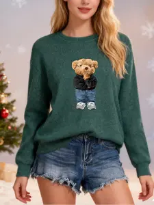 Women's Fall Winter Round Neck Faux Fur Top, Soft Touch Cartoon Bear Print, Casual Warm Fit, Daily Commute Style