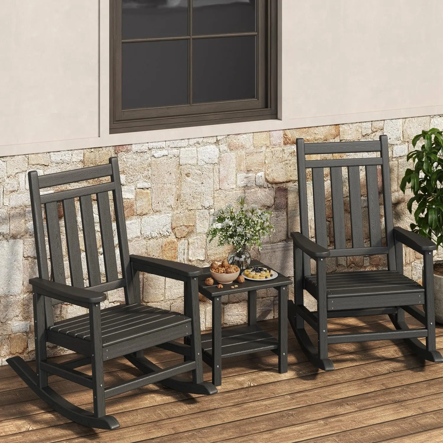 HDPE Poly Lumber Adirondack Outdoor Rocking Chair Set of 2 with Side Table - High Back Ergonomic, Weather Resistant, Black Wood Grain Pressing, Patio Furniture for Lakeside Deck, Outdoor Living Room, Outdoor Rocking Chairs,home decor,camping essentials