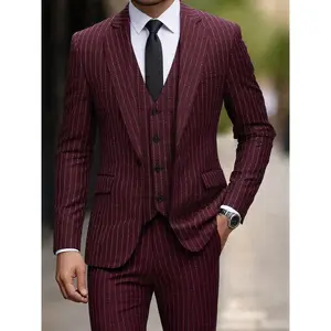 Men's long sleeved slim striped 3-piece set, suitable for business and leisure, semi formal weddings, and dance occasionsRAIMENTRY