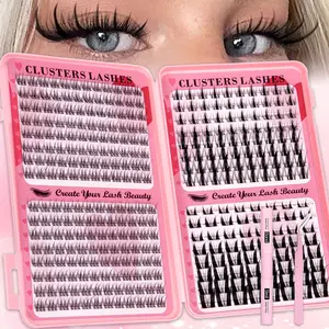 4 Styles Eyelash Book Kit, Wispy / Bunny / Manga Thin Cosmetic False Lashes, Individual Lash Clusters, Eyelash Clusters Extensions, D Curl, Includes Bond&Seal Tweezers, Easy to Wear for Beginners, Daily and Party Makeup, Cute Gift for Girls