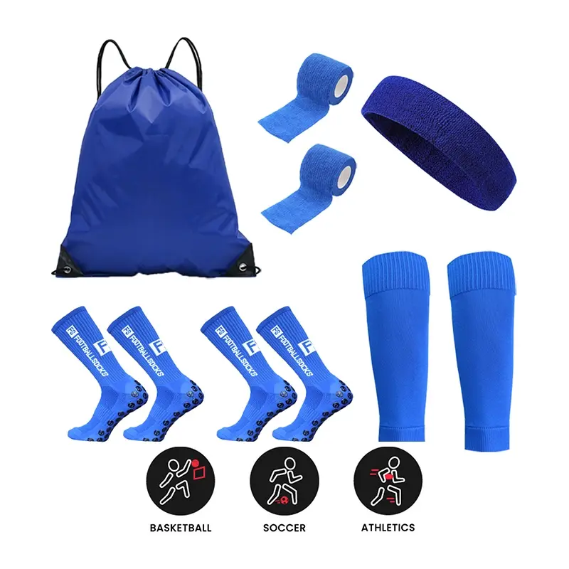 6-piece FS letter football socks, Anti Slip Texture, football training set - anti slip football socks (2 pairs)+leg guards+drawstring bag+football basketball sports strap+headband