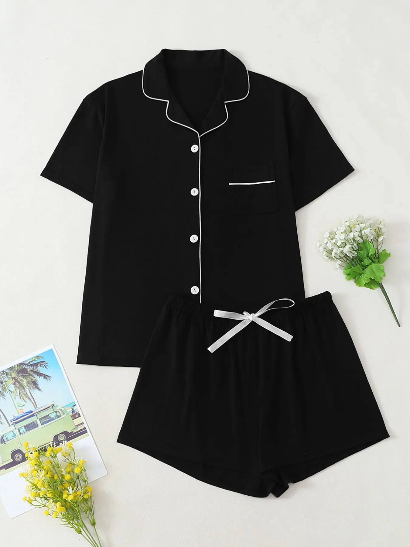 Spring Summer New Women's Sleepwear Loungewear Pajama Set, Breathable Comfort Fabric, Front Button Color Block Design, Indoor Outdoor Wear