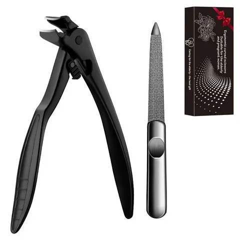 Stainless Steel Angled Curved-Tip Nail Clippers with Anti-Slip Grooved Extra-Long Ergonomic Handle, Large-Opening Sharp Durable Blade & Included File, Ideal for Thick Hard Fungal Nails Manicure Pedicure Tool for Smooth Care