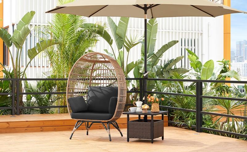 Yaheetech Egg Rattan Chair, Indoor/Outdoor PE Rattan Egg Basket Lounge Chair with 4 Cushions, Oversized Egg-Shaped Chair with Metal Frame Stand for Patio, Garden, Backyard, Living Room