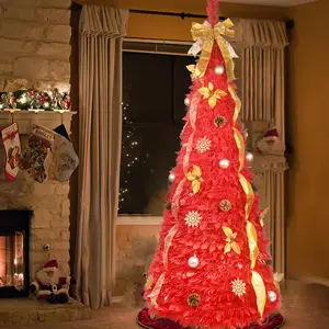 Halloween 6ft Red Pre-lit Pre-decorated Christmas Tree Pop-up Christmas Tree, white Christmas Ball and Nuts decoration Ornaments Gold Bow Ribbon christmas tree