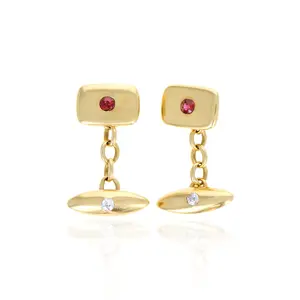 Victorian 18K Yellow Gold Old European Cut Diamonds Old Mine Cut Ruby English Cufflinks