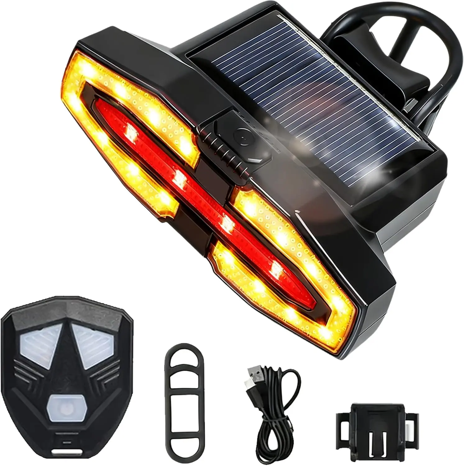 Unisex Compact Fit Bicycle Taillight - Solar-Powered, USB-Rechargeable, Wireless Remote Control Turn Signals, IPX2 Water Resistant, Ultra-Bright Safety Light for Adult Road & Mountain Bike Night Riding, Silicone Strap