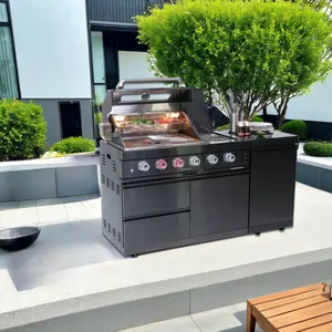 46-Inch 4-Burner 72000 BTU Deluxe Stainless Steel Gas Outdoor Kitchen Bar Barbecue Island Grill + Round Side Burner + Rotisserie kit + Granite Countertops    RR Ceramic Square Stylish Traditional
