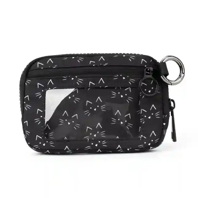 Women's Cat Face Wristlet Wallet - Black with White Cat Faces Design, Compact Stylish Kawaii Purse, Cute Fashion Clutch Pouch for Everyday Use