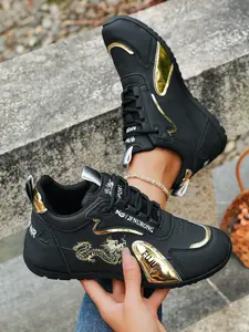 Gold Dragon Embroidered Casual Fashion Dad Shoes for Couples, Sneaker, Walking Shoes, Comfortable Soft Sole Thick Bottom Non-Slip, Spring & Fall Ethnic Pattern Footwear