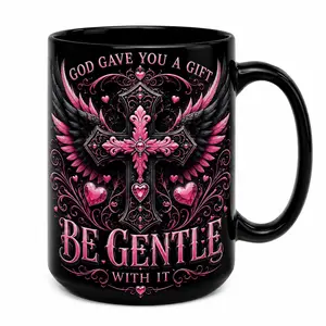 Sturdy Glossy Black Ceramic 11oz/15oz Faith Cross Mug - Colorful "God Gave You A Gift Be Gentle With It" Design Christian Beverage Drink Cup for Women
