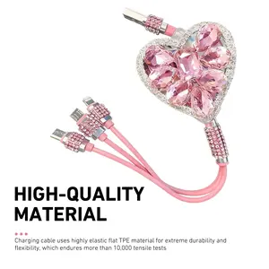 Rhinestone Heart Shaped 3 In One Retractable Car Charging Cable Diamond Decor Multi Device Fast Charge Cord Universal Phone Charger For Auto Travel Camping