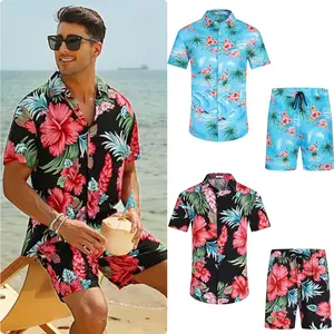 Men’s Hawaiian Shirt and Shorts Set Tropical Flamingo Hibiscus Palm Tree Toucan Print 2 Piece Beach Outfit Button Down Short Sleeve Summer Vacation Matching Set XS-5XL Casual Resort Wear for Cruise Luau Party