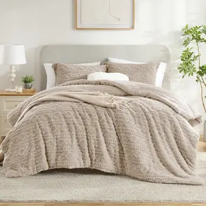 HOMELIKE MOMENT Reversible Fluffy Fleece Comforter Set Ultra Soft Cozy Machine Washable Bedding for Bedroom Decor Beige 3-Piece Set, Valentines Gifts, Decorative Bedding Set