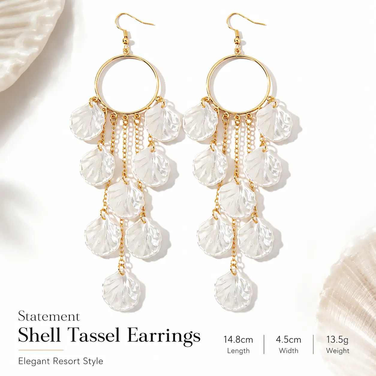 Sparkling Statement Shell Earrings with Gold Tassels and Pearls, Long 14.8 cm Lightweight Dangle Style with Beachy Elegance for Women